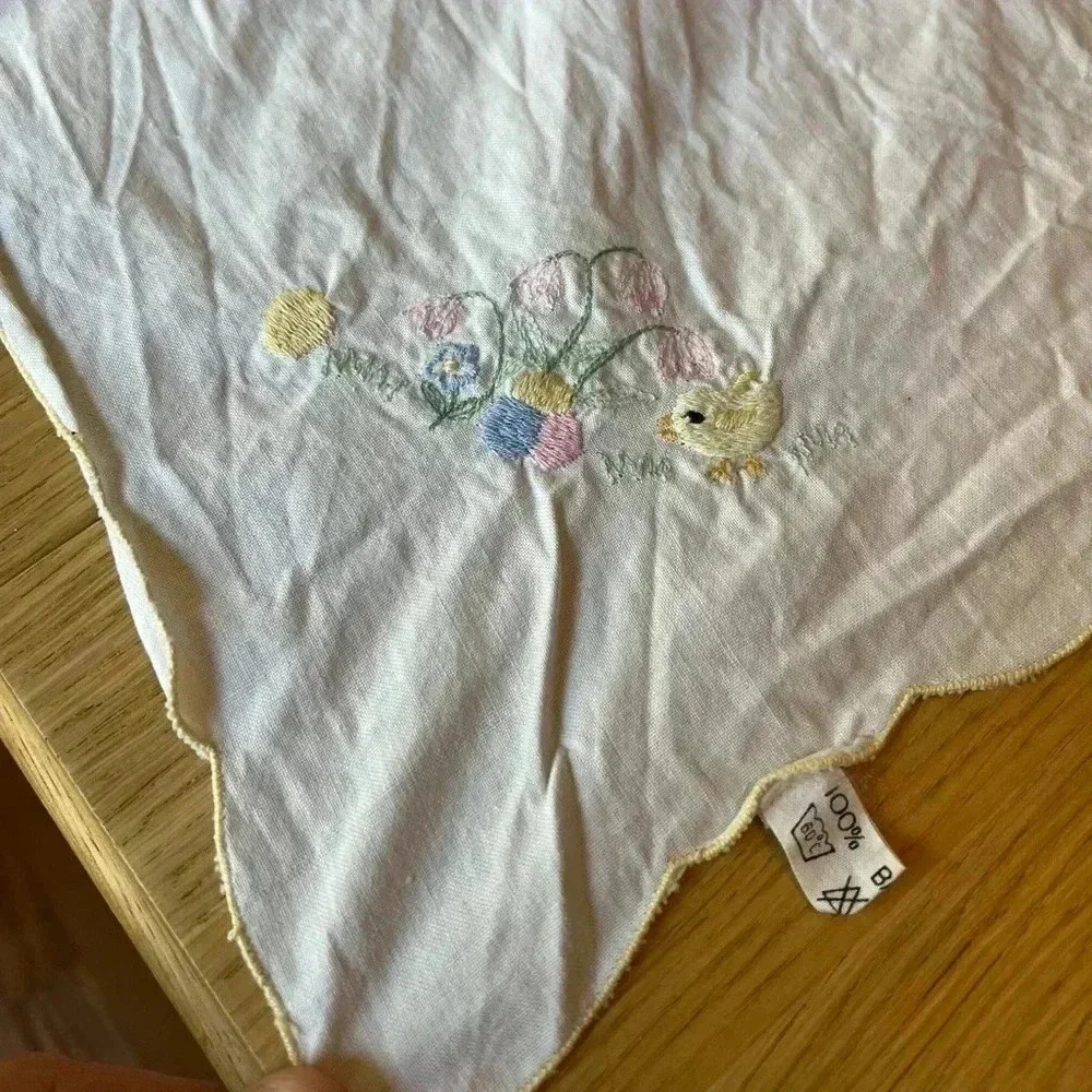 Hand-Embroidered Cotton Tablecloth 31x31 - Easter Chick & Floral Design
